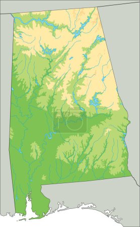 Téléchargez les illustrations : Carte physique détaillée de l'Alabama. - en licence libre de droit