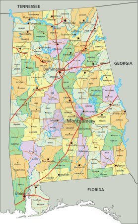 Ilustración de Alabama - Mapa político editable altamente detallado con etiquetado. - Imagen libre de derechos