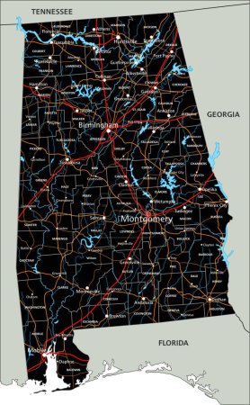 Ilustración de Alta hoja de ruta detallada de Alabama con etiquetado. - Imagen libre de derechos