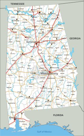 Ilustración de Alta hoja de ruta detallada de Alabama con etiquetado. - Imagen libre de derechos