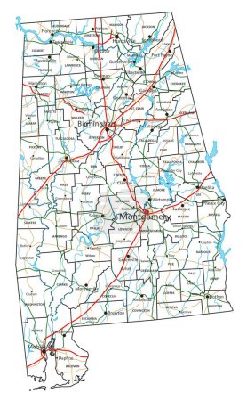 Téléchargez les illustrations : Carte routière et autoroutière de l'Alabama. Illustration vectorielle. - en licence libre de droit