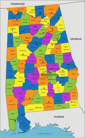 Ilustración de Colorido mapa político de Alabama con capas claramente etiquetadas y separadas. Ilustración vectorial. - Imagen libre de derechos