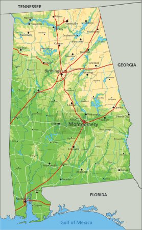 Téléchargez les illustrations : Carte physique détaillée de l'Alabama avec étiquetage. - en licence libre de droit