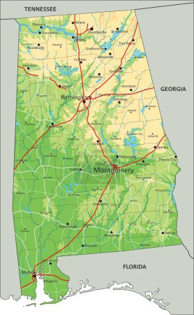 Ilustración de Alto mapa físico detallado de Alabama con etiquetado. - Imagen libre de derechos