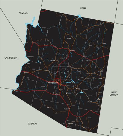 Ilustración de Hoja de ruta de Arizona detallada con etiquetado. - Imagen libre de derechos