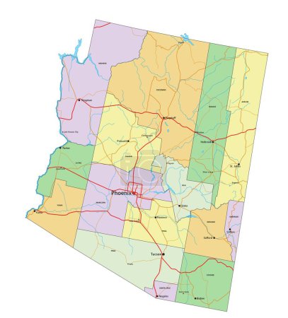 Ilustración de Arizona - Mapa político editable altamente detallado con etiquetado. - Imagen libre de derechos