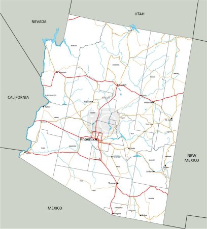 Téléchargez les illustrations : Carte routière détaillée de l'Arizona avec étiquetage. - en licence libre de droit