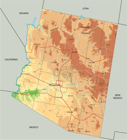 Ilustración de Alto mapa físico detallado de Arizona con etiquetado. - Imagen libre de derechos