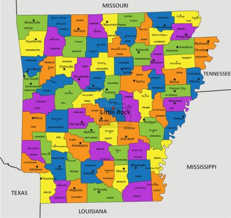Ilustración de Colorido mapa político de Arkansas con capas claramente etiquetadas y separadas. Ilustración vectorial. - Imagen libre de derechos