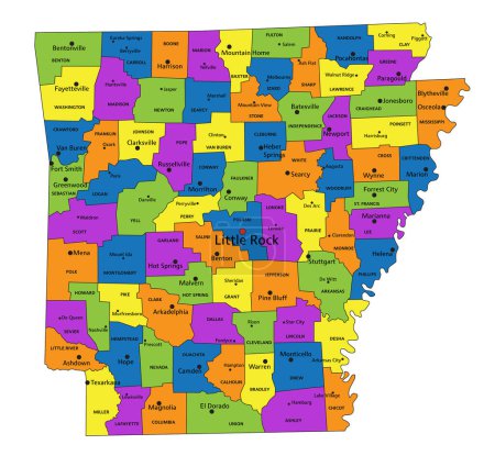 Téléchargez les illustrations : Carte politique colorée de l'Arkansas avec des couches clairement étiquetées et séparées. Illustration vectorielle. - en licence libre de droit