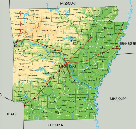 Carte physique détaillée de l'Arkansas avec étiquetage.