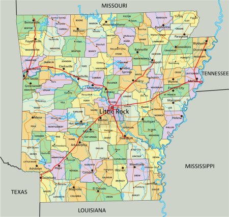Ilustración de Arkansas - Mapa político editable altamente detallado con etiquetado. - Imagen libre de derechos