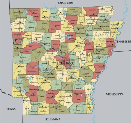 Ilustración de Arkansas - Mapa político editable altamente detallado con etiquetado. - Imagen libre de derechos