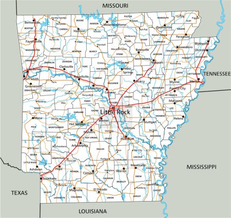 Téléchargez les illustrations : Carte routière détaillée de l'Arkansas avec étiquetage. - en licence libre de droit