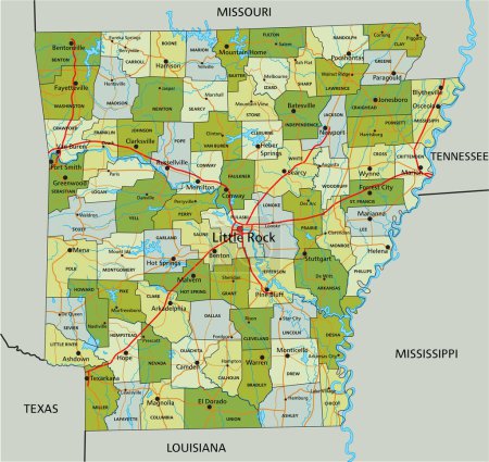 Téléchargez les illustrations : Carte politique modifiable très détaillée avec des couches séparées. Arkansas. - en licence libre de droit