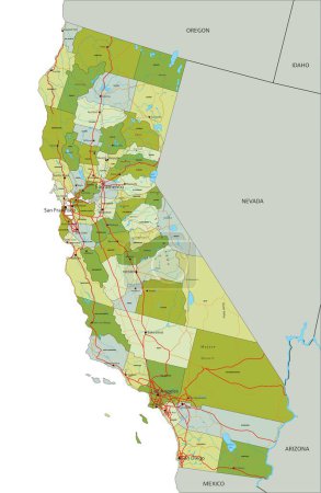 Téléchargez les illustrations : Carte politique modifiable très détaillée avec des couches séparées. Californie. - en licence libre de droit
