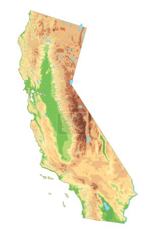 Hoch detaillierte physische Karte Kaliforniens.
