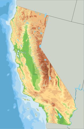 Téléchargez les illustrations : Carte physique détaillée de la Californie. - en licence libre de droit