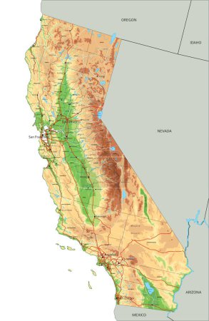 Ilustración de Alto mapa físico detallado de California con etiquetado. - Imagen libre de derechos