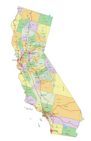 Téléchargez les illustrations : Californie - Carte politique éditable très détaillée avec étiquetage. - en licence libre de droit