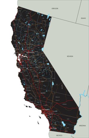 Téléchargez les illustrations : Carte routière détaillée de la Californie avec étiquetage. - en licence libre de droit