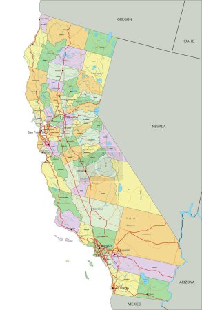 Ilustración de California - Mapa político editable altamente detallado con etiquetado. - Imagen libre de derechos