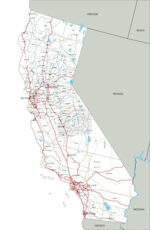 Téléchargez les illustrations : Carte routière détaillée de la Californie avec étiquetage. - en licence libre de droit