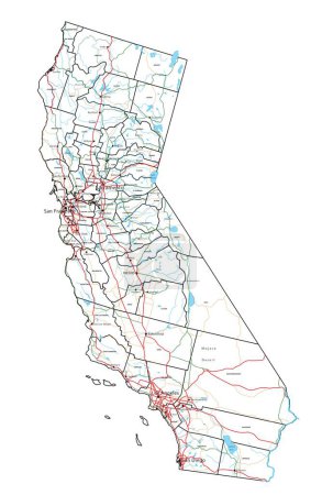Téléchargez les illustrations : Carte routière et routière de Californie. Illustration vectorielle. - en licence libre de droit