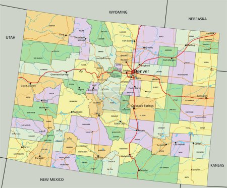 Téléchargez les illustrations : Colorado - Carte politique modifiable très détaillée. - en licence libre de droit