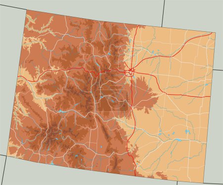 Ilustración de Mapa físico de Colorado alto detallado. - Imagen libre de derechos