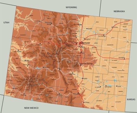 Ilustración de Alto mapa físico detallado de Colorado con etiquetado. - Imagen libre de derechos