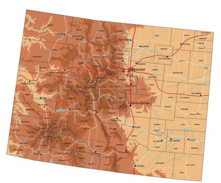 Ilustración de Alto mapa físico detallado de Colorado con etiquetado. - Imagen libre de derechos