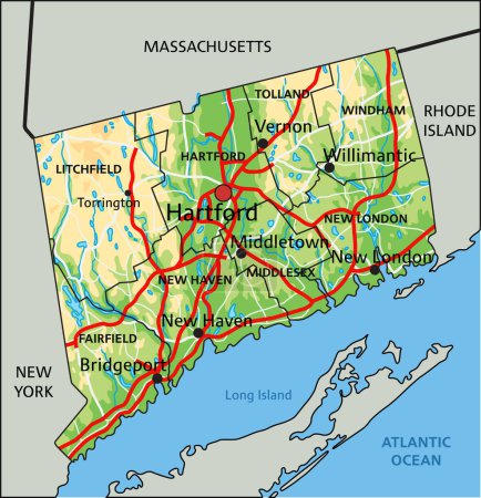 Ilustración de Alto mapa físico detallado de Connecticut con etiquetado. - Imagen libre de derechos