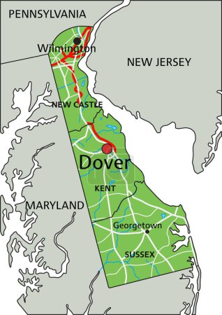 Téléchargez les illustrations : Carte physique détaillée du Delaware avec étiquetage. - en licence libre de droit