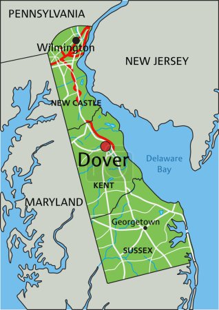 Ilustración de Alto mapa físico detallado de Delaware con etiquetado. - Imagen libre de derechos