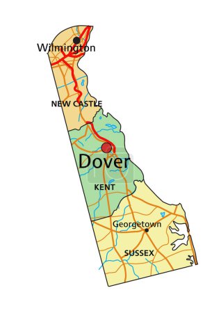 Ilustración de Delaware - Mapa político editable altamente detallado con etiquetado. - Imagen libre de derechos
