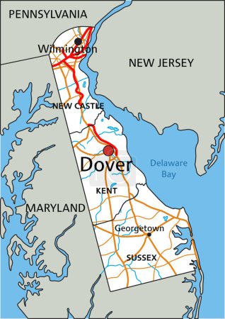 Téléchargez les illustrations : Carte routière détaillée du Delaware avec étiquetage. - en licence libre de droit