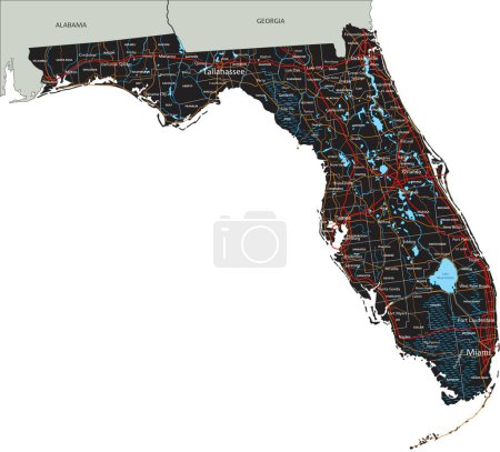 Ilustración de Alta hoja de ruta detallada de Florida con etiquetado. - Imagen libre de derechos