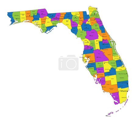 Téléchargez les illustrations : Carte politique colorée de Floride avec des couches clairement étiquetées et séparées. Illustration vectorielle. - en licence libre de droit