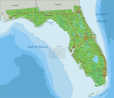 Hoch detaillierte physikalische Karte Floridas mit Beschriftung.
