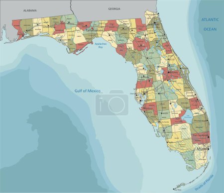 Téléchargez les illustrations : Floride - Carte politique éditable très détaillée avec étiquetage. - en licence libre de droit