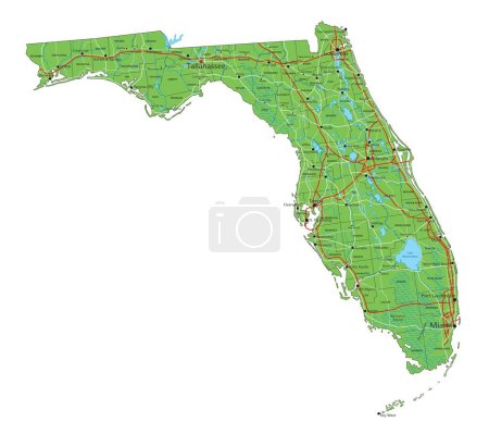 Alto mapa físico detallado de Florida con etiquetado.