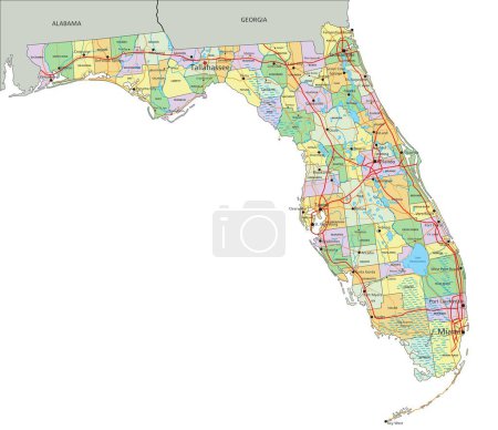 Ilustración de Florida - Mapa político editable altamente detallado con etiquetado. - Imagen libre de derechos
