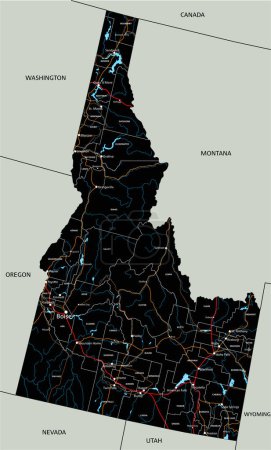 Ilustración de Hoja de ruta detallada de Idaho con etiquetado. - Imagen libre de derechos