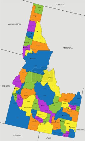 Téléchargez les illustrations : Carte politique colorée de l'Idaho avec des couches clairement étiquetées et séparées. Illustration vectorielle. - en licence libre de droit