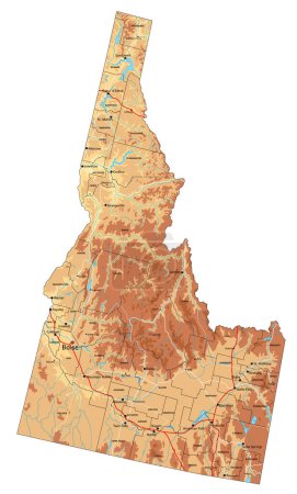 Ilustración de Mapa físico de Idaho altamente detallado con etiquetado. - Imagen libre de derechos