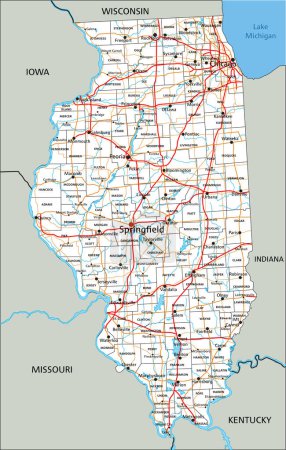 Carte routière détaillée de l'Illinois avec étiquetage.