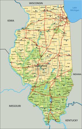 Ilustración de Alto mapa físico detallado de Illinois con etiquetado. - Imagen libre de derechos