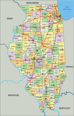 Téléchargez les illustrations : Illinois - Carte politique éditable très détaillée avec étiquetage. - en licence libre de droit