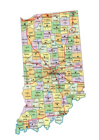 Indiana - Carte politique éditable très détaillée avec étiquetage.